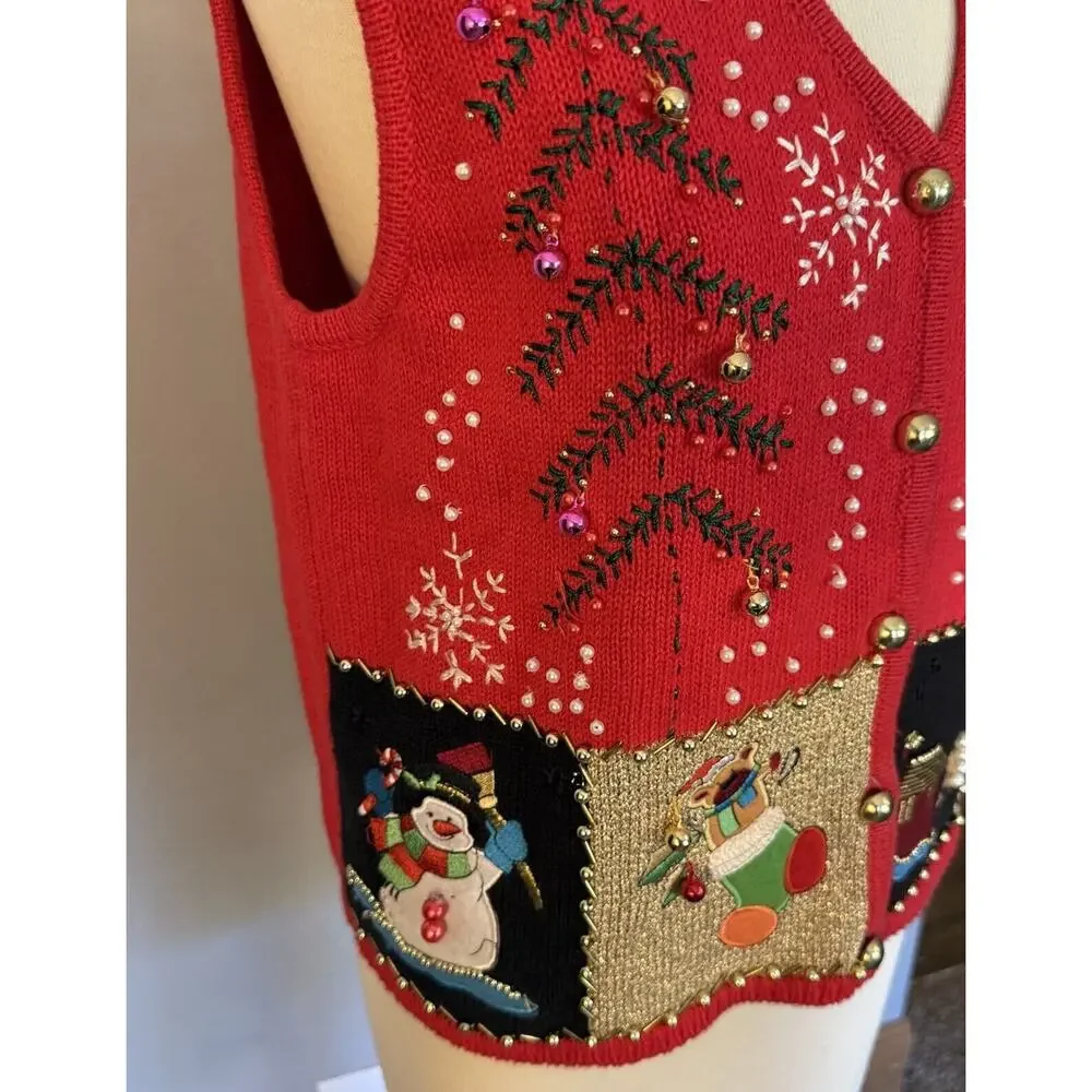 VTG Lisa International Sz PM Ugly Christmas Sweater Vest‎ Real Jingle Bells Snow